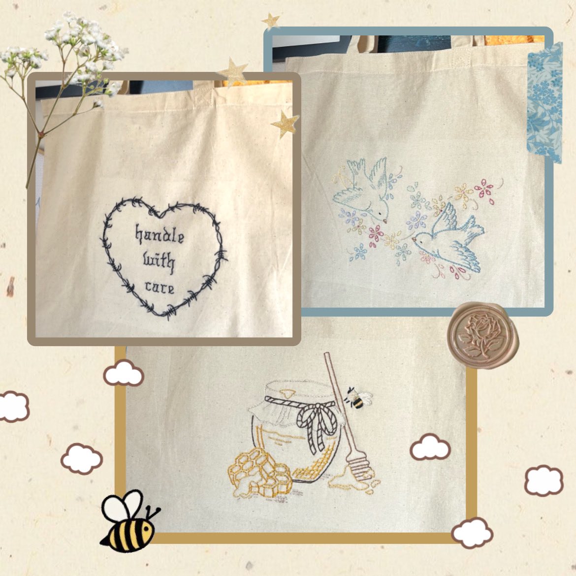 thepeachstitch's tweet photo. 🪡 fully hand-embroiderered tote bags available rn!!!! d/m me if interested -- $30-45 range 🫶🏻 https://t.co/1fE9niA9g1