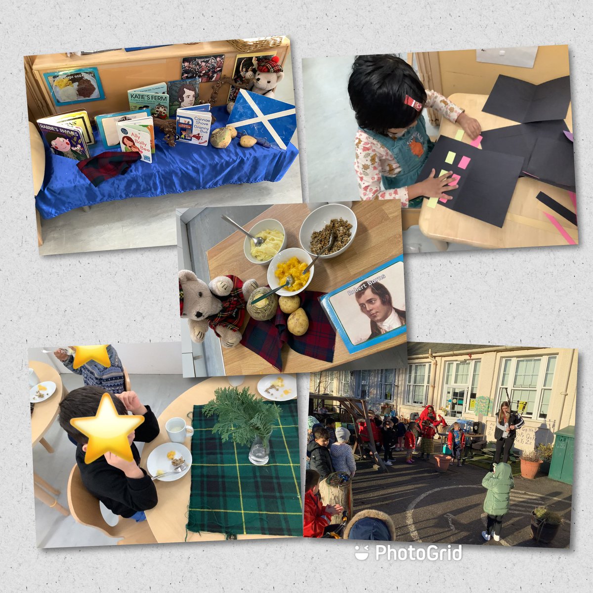 NurserySPS's tweet photo. Celebrating Burns day.🏴󠁧󠁢󠁳󠁣󠁴󠁿 Bagpipes,Haggis tasting, tartan making, Scots stories and rhymes. 🎶 https://t.co/9YvHiKutp1