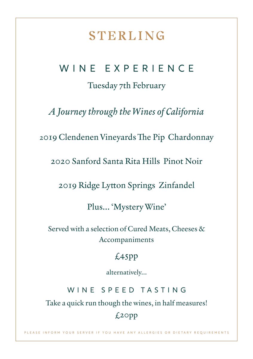On Tuesday 7th February you can join STERLING BAR for their first ever curated wine experience which will take you on a journey through the wines of California.

To make a reservation or for more information, please email: info@sterlingbarmcr.com