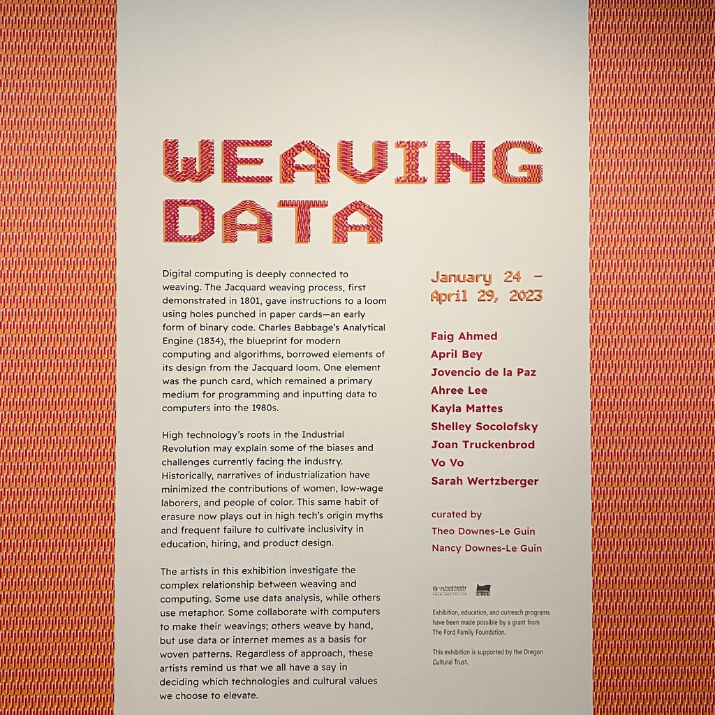 psu_art_museum's tweet photo. Get lost in the details at the “Weaving Data” opening reception tonight, 5-7pm!
This event is open and free to the public! Swing by the museum or RSVP at the link in bio🔗⬆️
@FordFamilyFound
@OrCulturalTrust
@Portland_State
#pdxevent #visualarts #textile #portlandstate https://t.co/BBsP6EUpTS