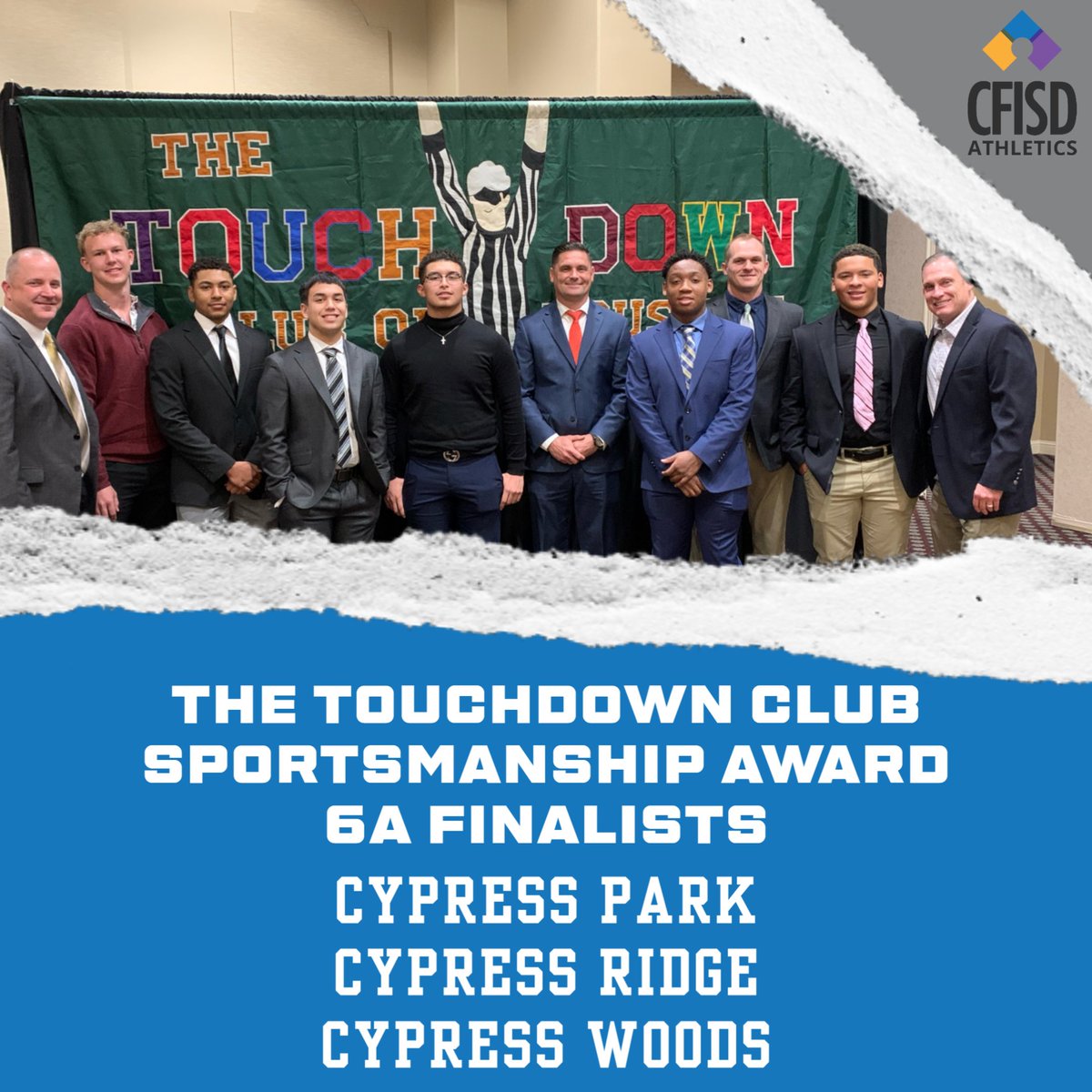 Congratulations to <a href="/CyParkFootball/">Cy Park Football</a>, <a href="/RamNationCRHS/">Ram Nation</a>, and <a href="/CyWoodsFB212/">Cy Woods Football</a> on being named 6A finalists for this year's Sportsmanship Award presented by the <a href="/HoustonTDClub/">Houston TD Club</a>.