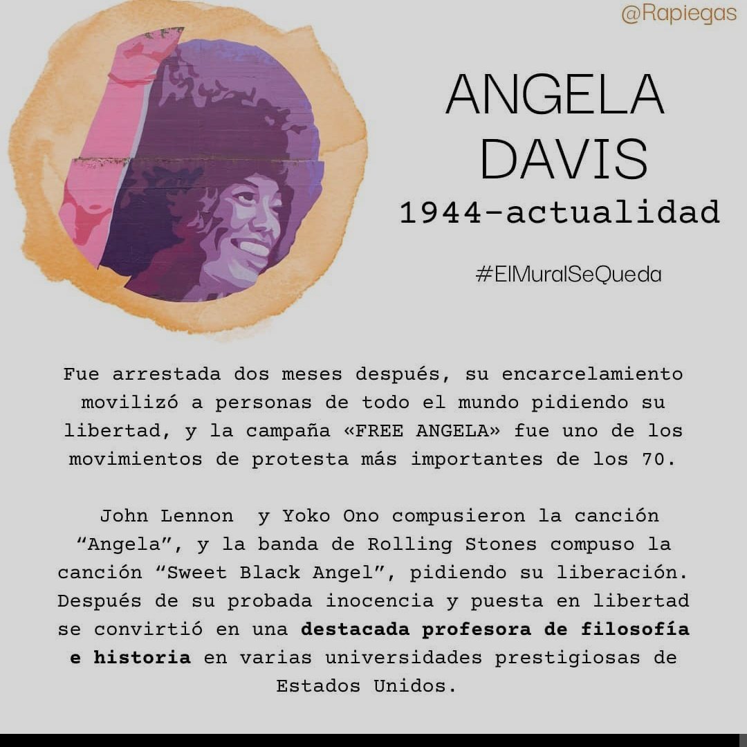 Rapiegas's tweet photo. Hoy es el cumple de la filósofa, escritora, maestra y activista  Ángela Davis♀️🎉 
Hace unos meses hicimos un post ya que forma parte de las mujeres que estaban en el mural feminista de Ciudad Lineal de Madrid 👇👇 
#ElMuroSeQueda
#Feministas
#Referentes
#AngelaDavis https://t.co/uwGsruGAZN