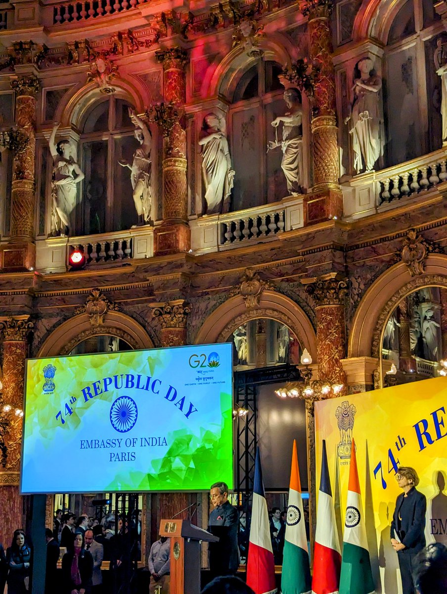 India's 74th Republic day celebration at one of the most iconic places in France. Our dear Ambassador @JawedAshraf5 addressing dignitories and guests in presence of Mme Secretaire generale @amdescotes. #Unityindiversity #25yearsofstrategicpartnership @GopioParis  @priscathevenot