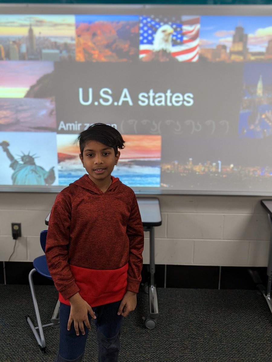 mrsrobisonGL's tweet photo. Meet Amir! He has a love and passion for geography. I challenged him to research and create a presentation of all 50 states. He has checked out two or three state books each week at our school library. He finished over the weekend and presented his research today!!!  #glcsryan https://t.co/Bt4oGGI8Js