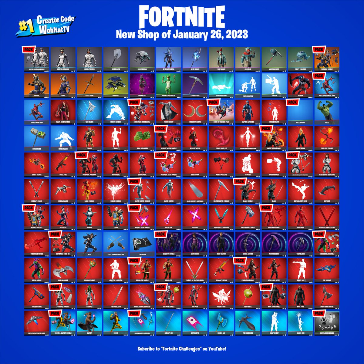 NewOnFortnite's tweet photo. The new Fortnite Shop today (January 26, 2023)
How do you like the new item shop? 👍 or 👎
❤️ Use Creator Code WohltatTV
🔥 Follow: https://t.co/4MD6rmLnFc https://t.co/iry9wGidYK