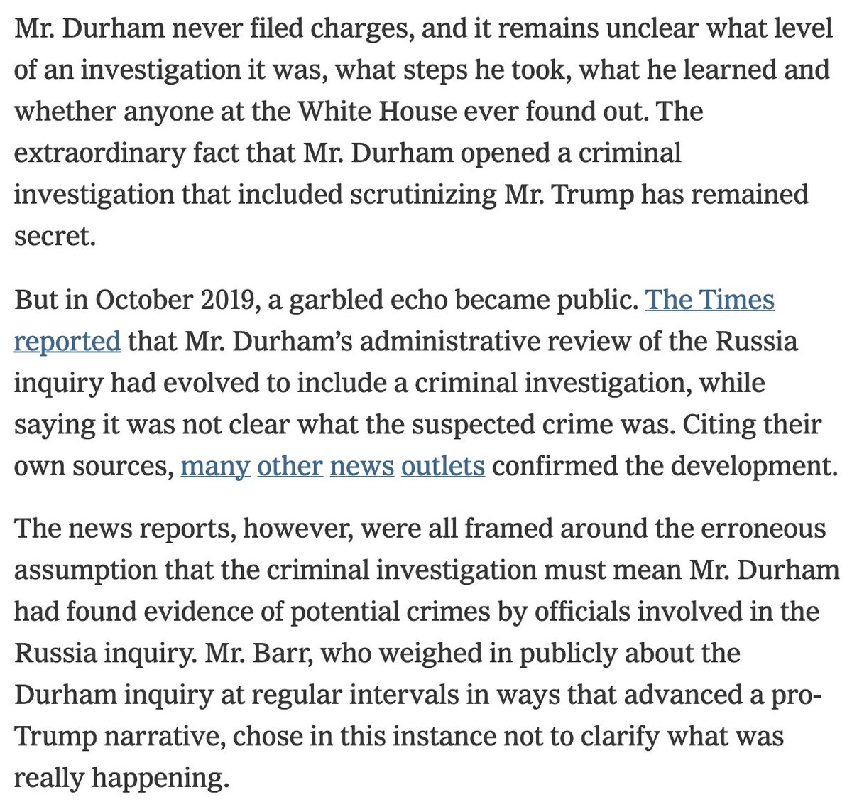 Absolutely unbelievable. Per NYT, Durham starts investigating *Trump* after hearing a tip too troubling to ignore. But the story leaked to the press ends up making it seem as if the investigation is closing in on the deep state — for over a year. nytimes.com/2023/01/26/us/…