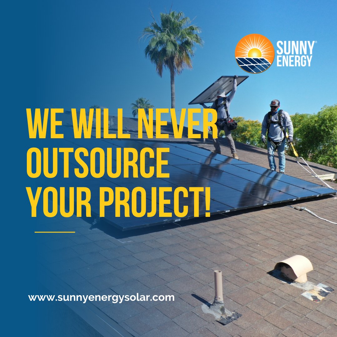 SunnyEnergyNow's tweet photo. At Sunny Energy, we will never outsource your project. We do everything in house from sale, permits, applications and installation. Visit our online quote tool to get a quote in minutes: https://t.co/TBRFwbngaT https://t.co/za3UtcPkUP