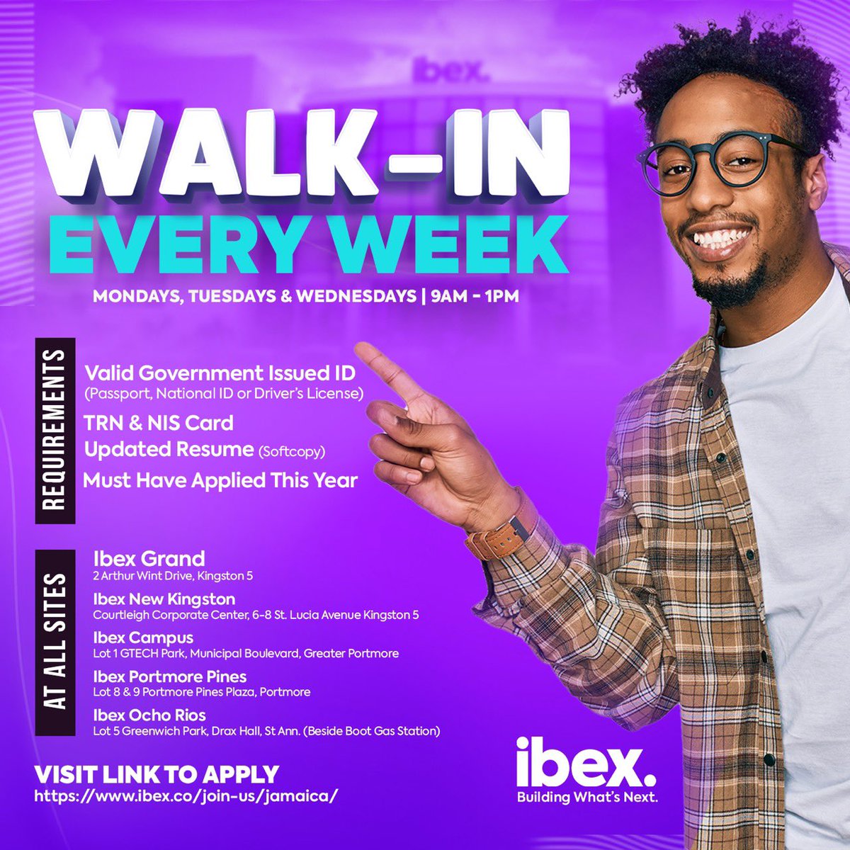 IBEXGlobalJa's tweet photo. Wanna fast track your ibex application? Join us on site! Visit any of our locations Monday-Wednesday between the hours of 9am - 1pm each week! 
#ibexJamaica #TeamAwesome https://t.co/q3oNT6ZPKa