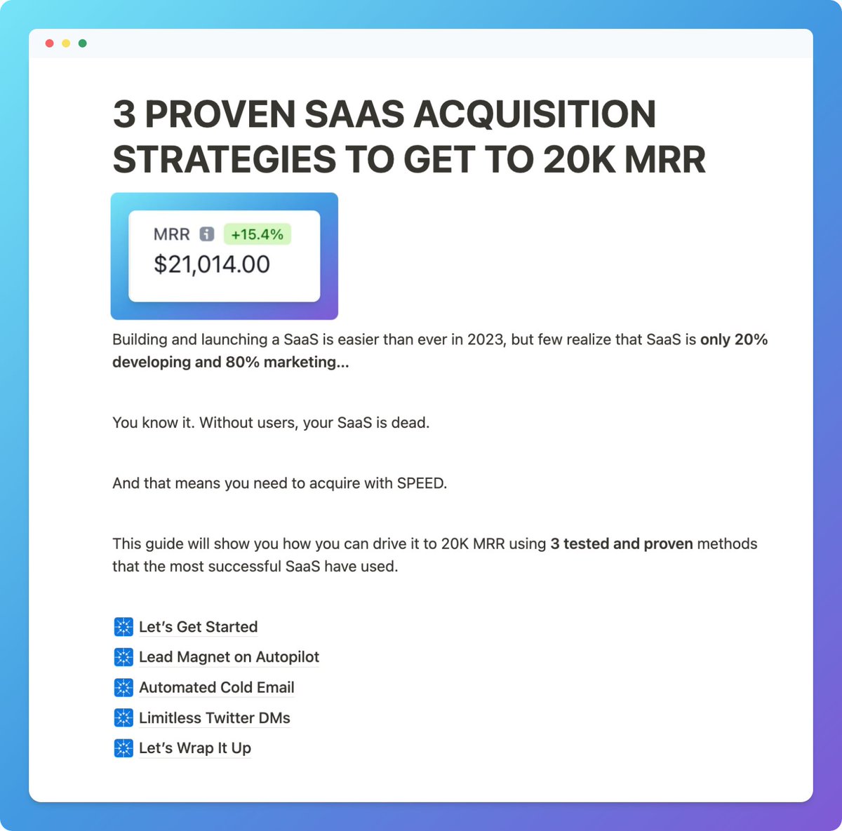 _muhibM's tweet image. Your SaaS is DEAD without users
I built a 3-part guide on how to acquire users with SPEED to get you to $20K MRR
> Lead Magnet on Autopilot
> Automated Cold Email
> Limitless Twitter DMs
Like + RT + Reply "SaaS" & I'll send
(Must be following so I can DM)