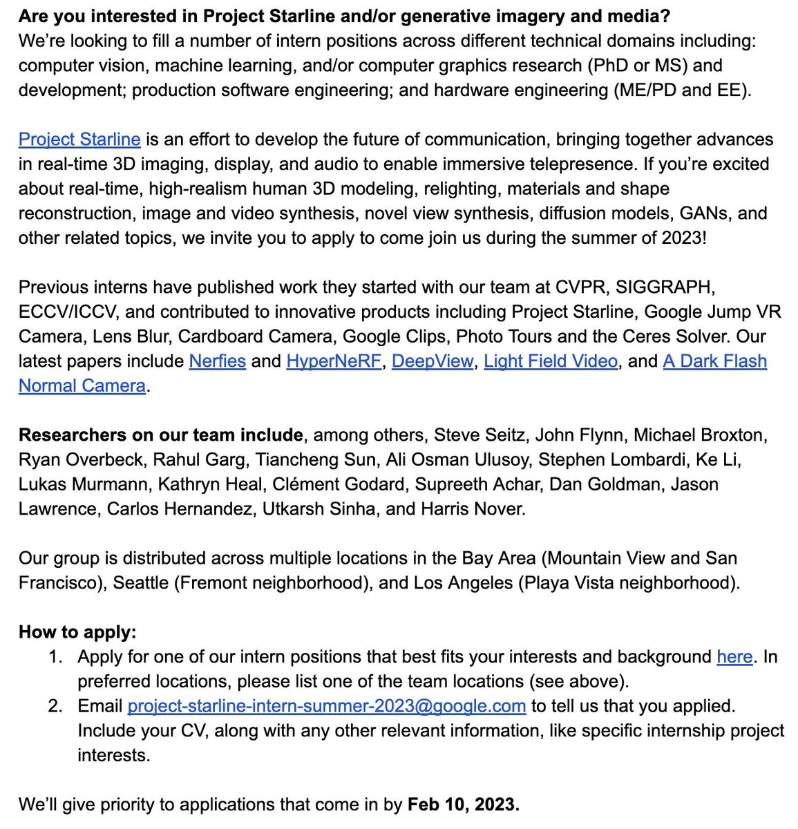 broxtronix's tweet photo. Interested in Project Starline (https://t.co/72jPKhIapO) and/or generative imagery and media? My team at Google is looking for interns for summer 2023! 

Application link: https://t.co/Ckr2jOLSOW 
Email project-starline-intern-summer-2023@google.com to tell us that you applied! https://t.co/g43CCmbQfj