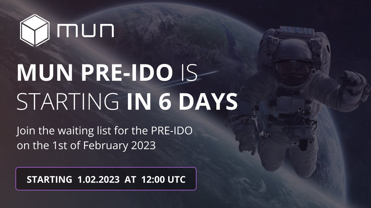 🎉 The #MUN PRE-IDO is starting in 6 days! 

⏲️ When? 1st of February 2023 / 12:00 UTC

☑️  Join the waiting list for the MUN PRE-IDO: tinyurl.com/IDOwaitinglist

🔥 The waiting list is limited to only 1000 spots!

#CommunitySale #IDO #Whitelist #Cosmos ⚛️