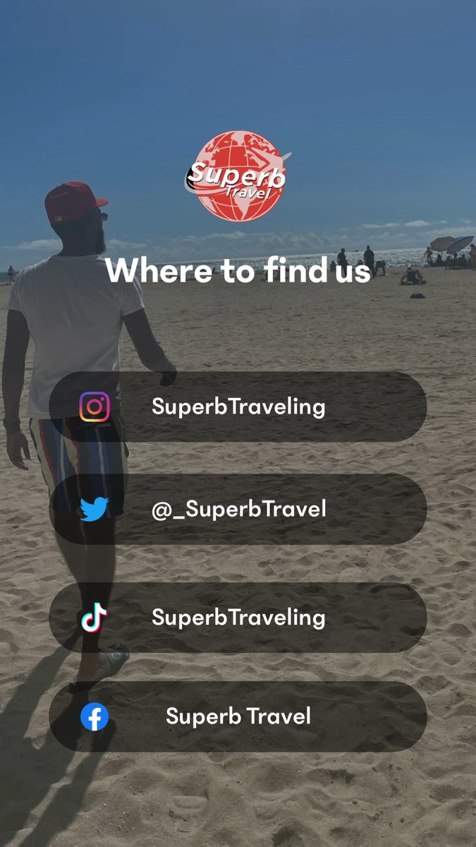 Here is where to find us #SuperbTravel on other social media platforms! Stay connected, for events, deals, and travel gems. 
•
•
#SuperbTravel #Travel #Deals #TravelDeals #OutOfCountry #Passport #Flights #Resorts #AllInclusive #BlackTravel #Vacay #Vacation #TravelAgent #Outside