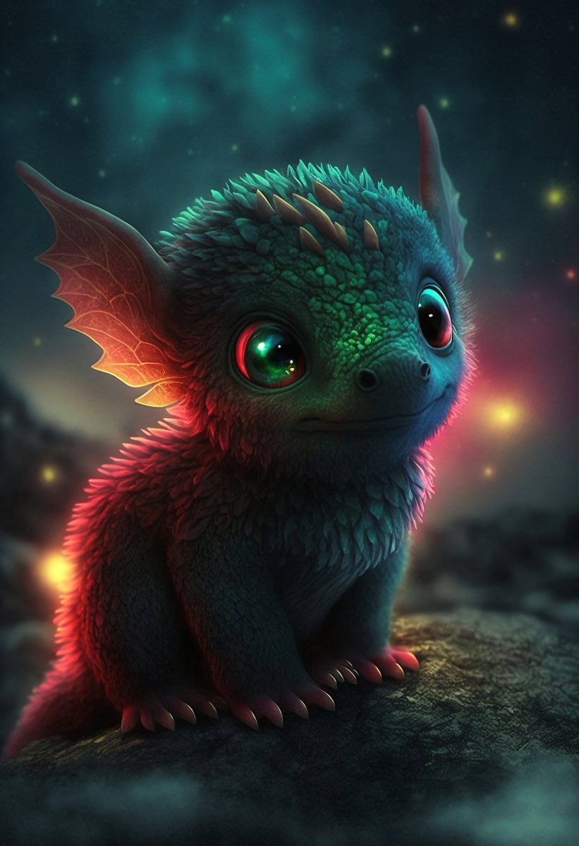 Beneath the starry sky, a baby dragon's eyes scales with shimmer and wonder as he beholds the magic of the universe.