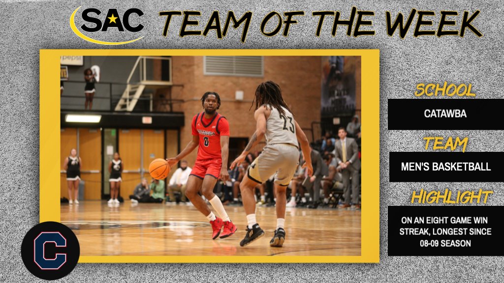 South Atlantic Conference (@sac_athletics) on Twitter photo 🏀 𝗧𝗘𝗔𝗠 𝗢𝗙 𝗧𝗛𝗘 𝗪𝗘𝗘𝗞
Congrats to our team of the week, <a href="/CatawbaMBB/">Catawba Basketball</a>! They had five players score in double figures Wednesday night and pushed their winning streak to eight games.
#MakeSACYours #SACMBB 🏀 𝗧𝗘𝗔𝗠 𝗢𝗙 𝗧𝗛𝗘 𝗪𝗘𝗘𝗞
Congrats to our team of the week, <a href="/CatawbaMBB/">Catawba Basketball</a>! They had five players score in double figures Wednesday night and pushed their winning streak to eight games.
#MakeSACYours #SACMBB