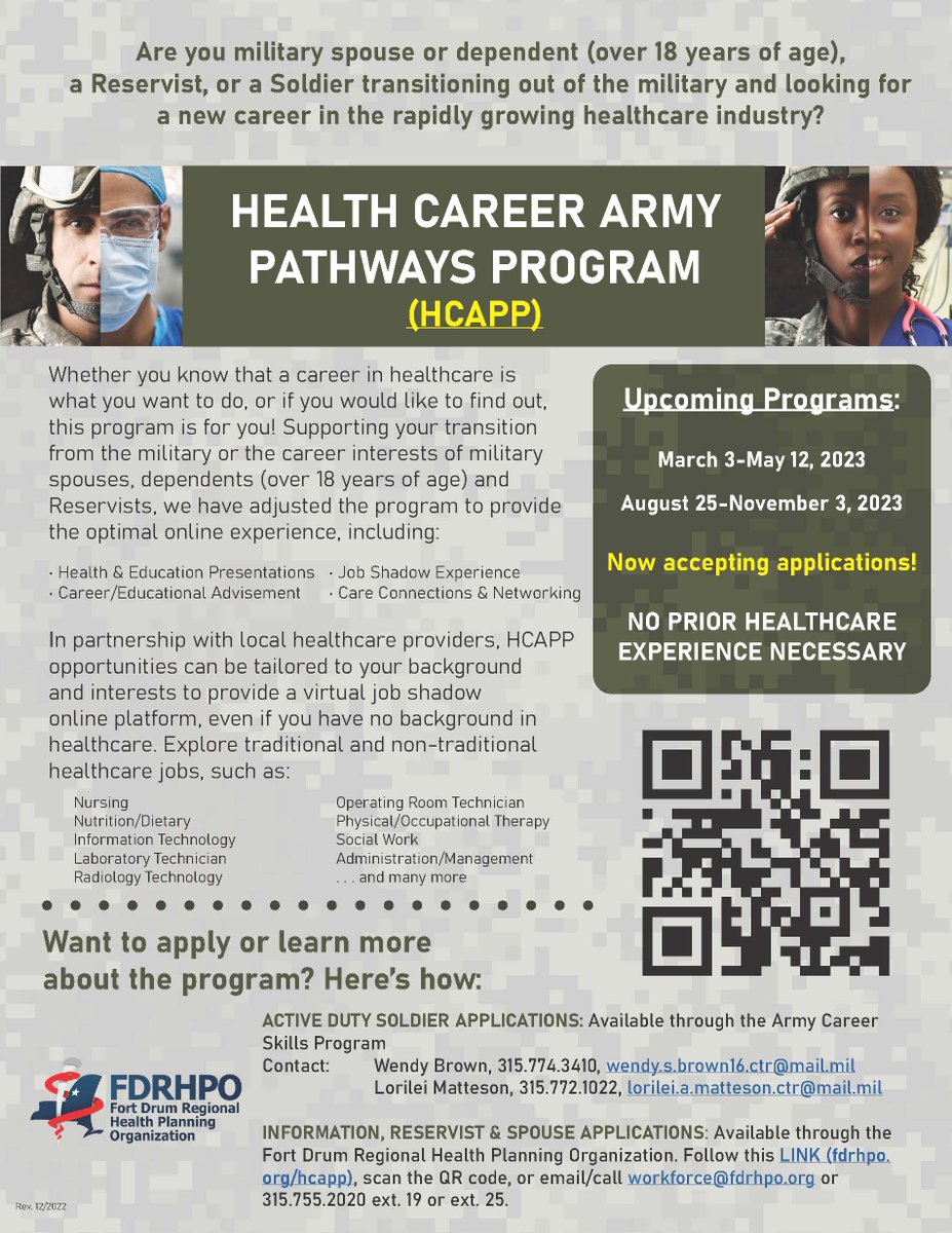 A program for military spouses, dependents, Reservists, and transitioning service members interested in pursuing a career in healthcare in the #fortdrum area. #fdrhpo, #military, #militaryspouse, #healthcare