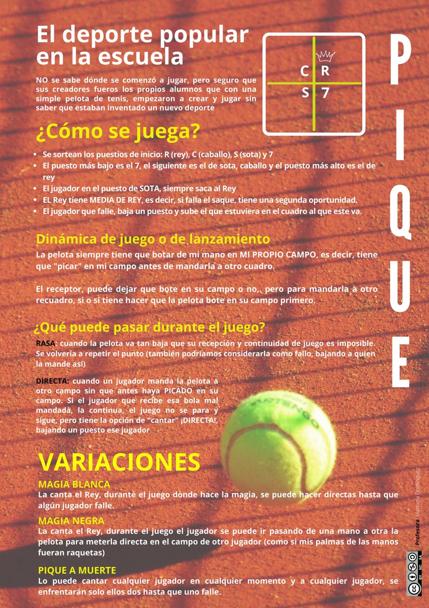 Os dejo la ficha del famoso 🎾 PIQUE 🎾. Un juego inventado en los recreos de los colegios por los propios alumnos/as. Os animo a dejar otras variantes (magias...) para que nos sean útiles en nuestras sesiones. ☺️😜