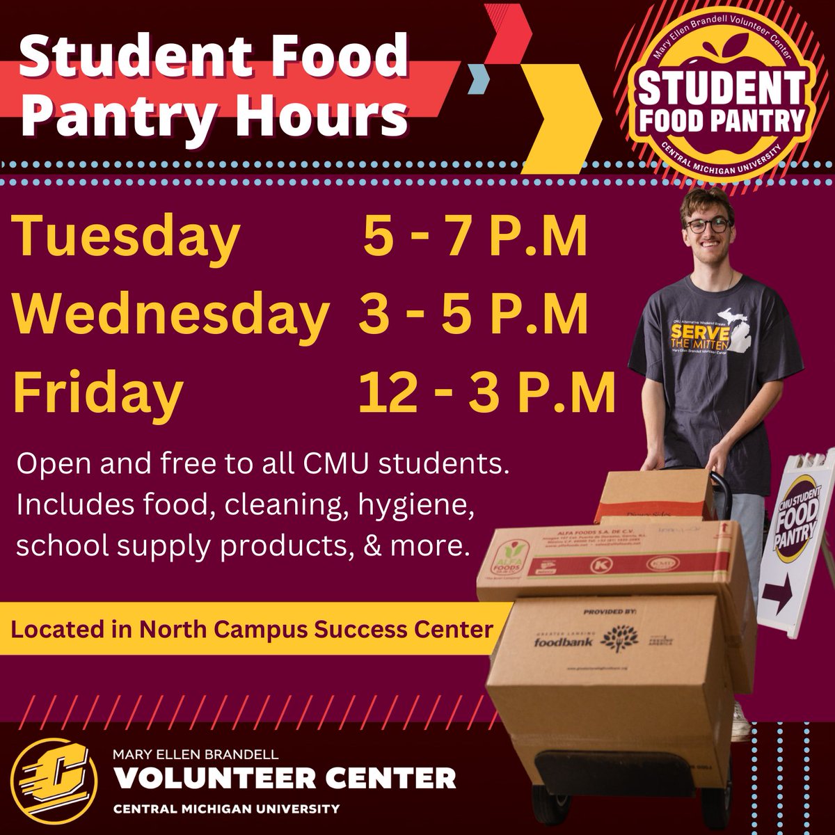 The Student Food Pantry is open and available to all CMU students who are experiencing food insecurity. We hope to see you there.