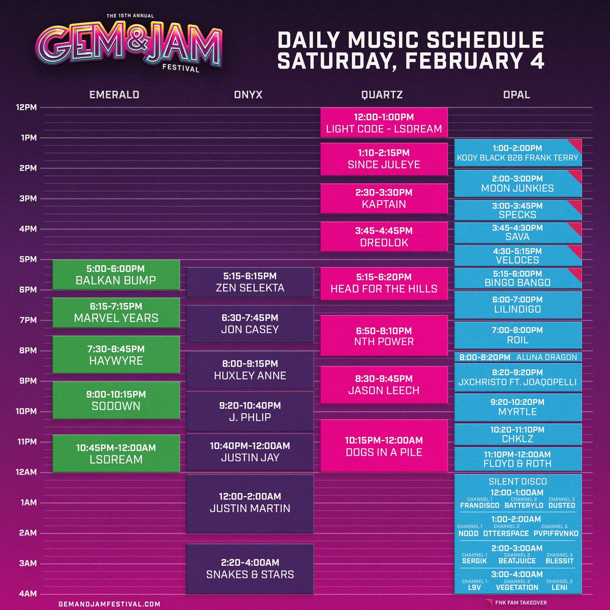 GemandJamFest's tweet photo. Here we go friends, the 2023 Gem &amp; Jam Festival schedule is out now! 🚀

We are also excited to share our workshop schedule + welcome Live Painters, Performance Artists, Craft and Food Vendors, Topaz Healing Sanctuary Practitioners and more to take the vibe to the next level! https://t.co/BPuEezicac