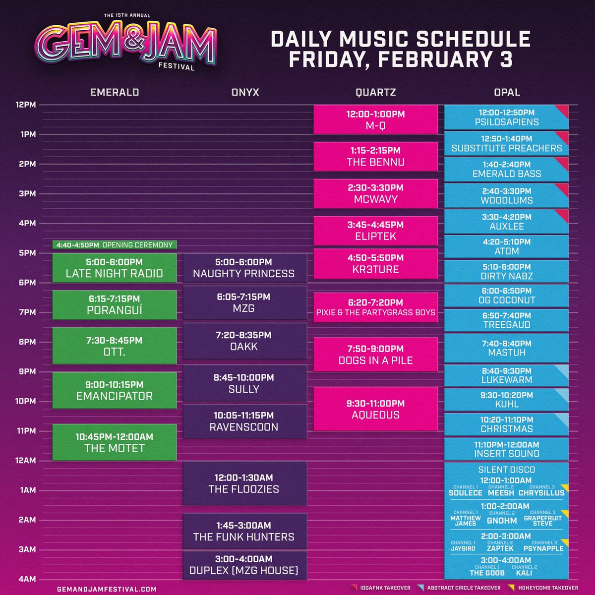 GemandJamFest's tweet photo. Here we go friends, the 2023 Gem &amp; Jam Festival schedule is out now! 🚀

We are also excited to share our workshop schedule + welcome Live Painters, Performance Artists, Craft and Food Vendors, Topaz Healing Sanctuary Practitioners and more to take the vibe to the next level! https://t.co/BPuEezicac