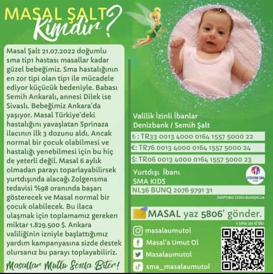SMA tip1 hastası bebeğimiz 
MASAL MÜCADELE EDİYOR.
#SendeDestekOl