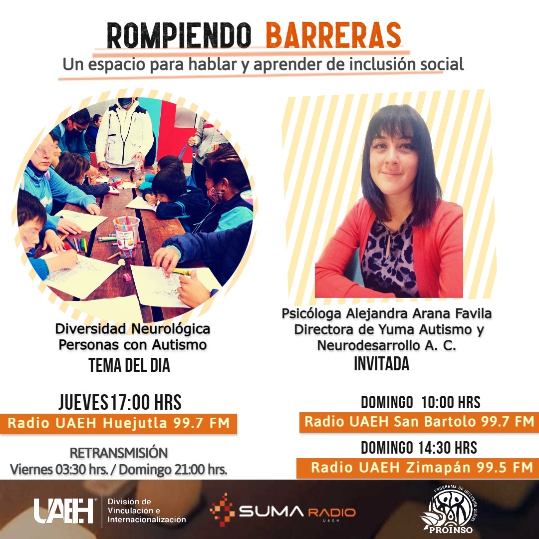Esta semana en "Rompiendo Barreras" conoceremos los diferentes retos a los que se enfrentan las personas con diversidad neurológica , específicamente personas con #Autismo
jueves 17:00 en uaeh.edu.mx/huejutlaradio
Retransmisión viernes 03:30/domingo 21:00 hrs