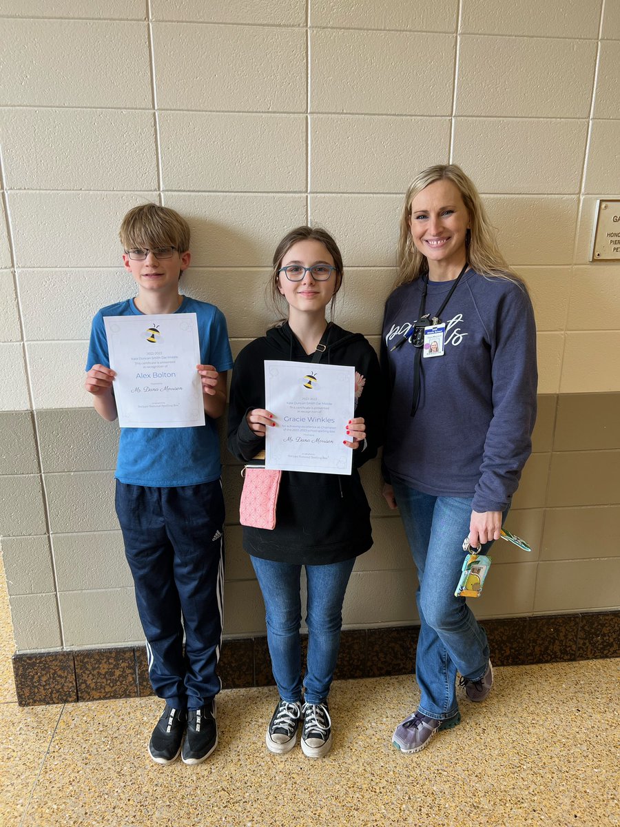 DARmiddle's tweet photo. Spelling Bee coordinator Dana Morrison with Spelling bee winner Gracie Winkles and runner up Alex Bolton. Both will represent DAR Middle at the county Spelling Bee on Feb 7. https://t.co/8QXOh7R2DD