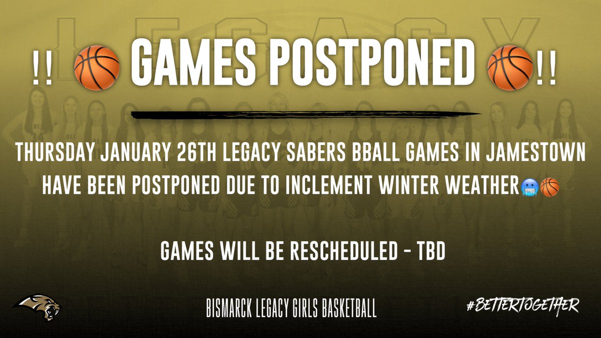 LEGACYGBB's tweet photo. 🚨 SCHEDULE UPDATE 🚨
Unfortunately our games in Jamestown tonight have been POSTPONED due to inclement winter weather ❄️🥶

No makeup date has been announced yet - TBD

#saberpride #bettertogether #ndwinter #wdasports https://t.co/ZLRL8l66MQ