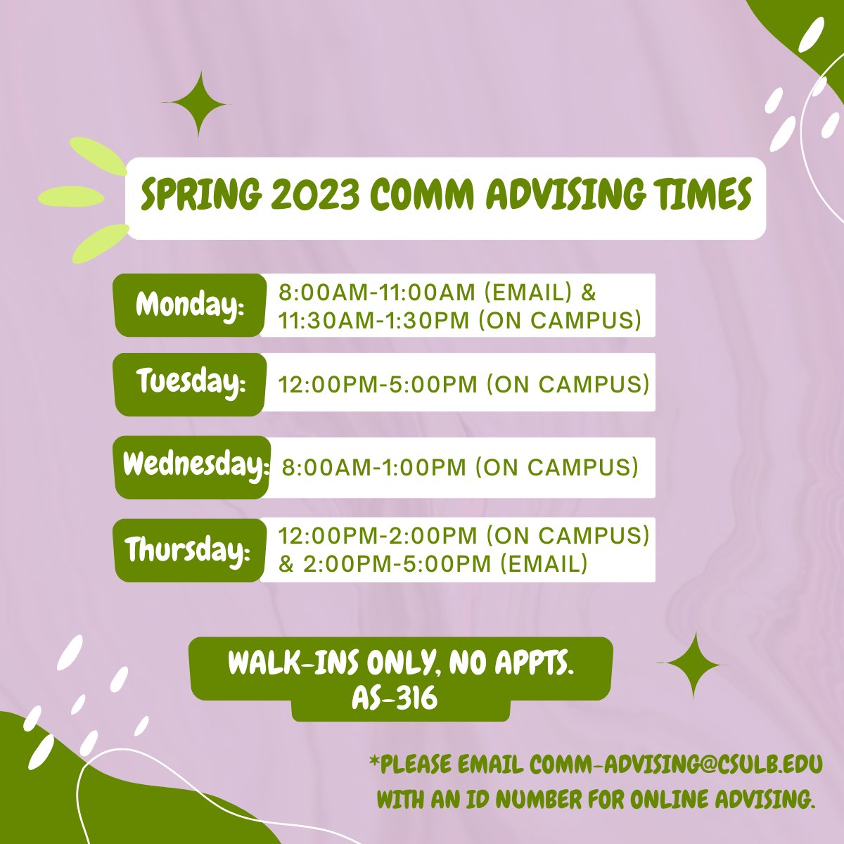 commcsulb's tweet photo. COMM advising is back! Check out the Spring 2023 COMM advising schedule. 📚
For all online appointments and any questions, please email comm-advising@csulb.edu and be sure to include your student ID number!
#csulbcomm #commadvising #csulb #csulbcommdepartment https://t.co/2CJUAVjg44