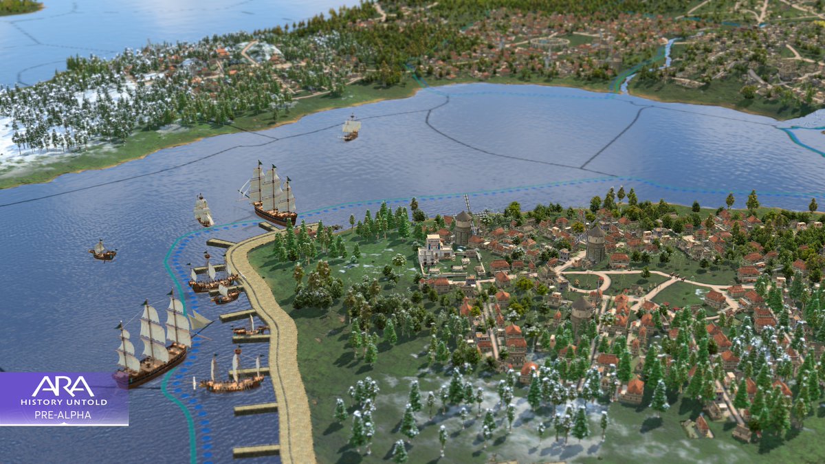 A pre-alpha screenshot of Ara: History Untold, featuring a coastal city with some snow-capped forests.