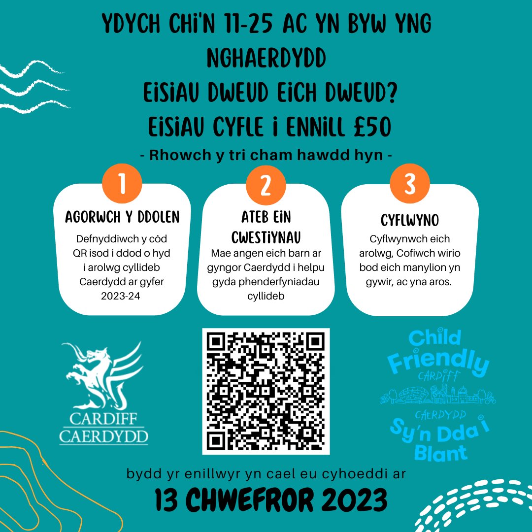 Cardiff Council need your views to help with budget decisions.

Chance to win £50!
tinyurl.com/mr2t7sx2

Mae angen eich barn ar gyngor Caerdydd i helpu gyda phenderfyniadau cyllideb.

Cyfle i ennill £50!
tinyurl.com/mr2t7sx2

#ChildfriendlyCardiff #caerdyddsynddaiblant