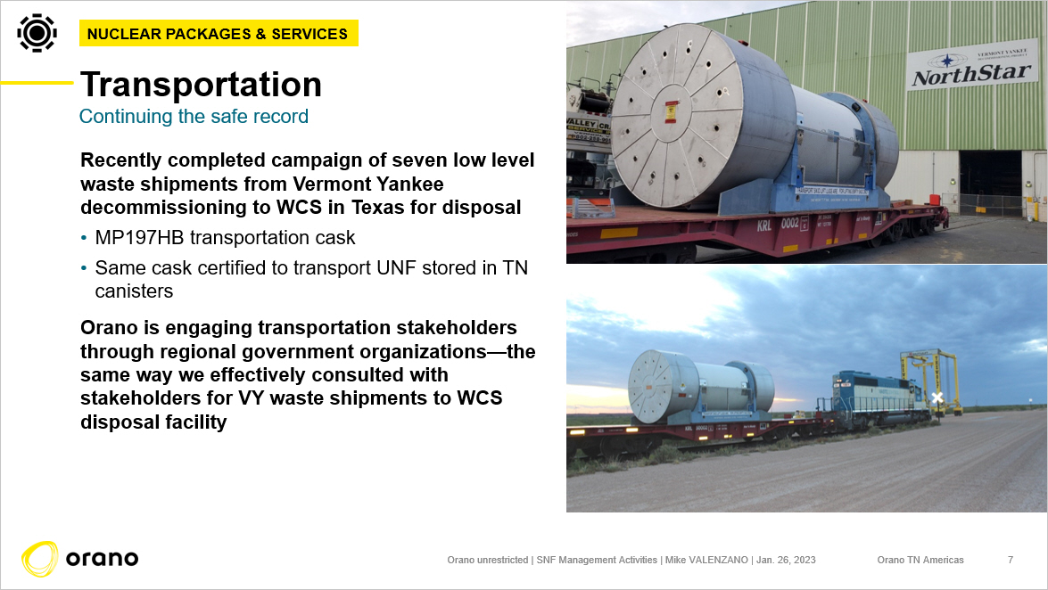 Orano_usa's tweet photo. Kicking off @INMMTweets this morning with strong panel about managing used fuel. @Orano_usa Mike Valenzano preso details Orano's:
- efficient first #NUHOMS EOS loading
- fastest P2P offload
- piloted transportation of UNF with decom waste #MP197HB
- #advancedreactors fuel cycle https://t.co/dfz6vsKzPO