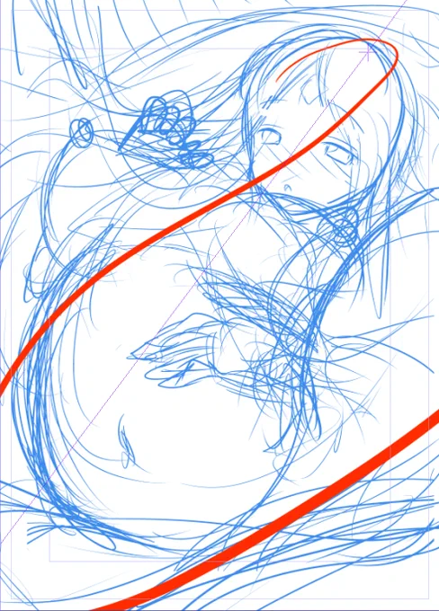 ディレクショナルフォースを意識しながら、マーレ姉を描きなおした。赤線が全体のフォースライン。後は頭部から脊椎、腰にかけて、髪の毛や太ももなど、部分的にもS字を意識。 