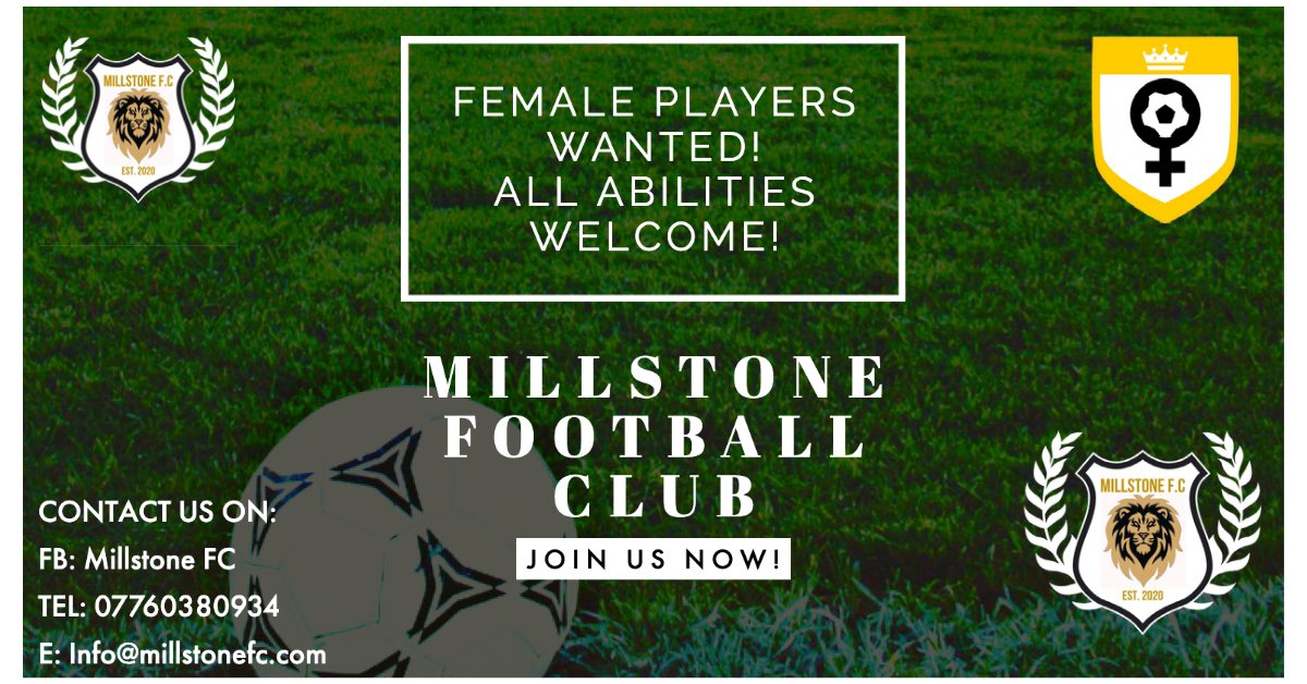MillstoneFc's tweet photo. Millstone FC are on the lookout for ladies aged 16+ to fill both our teams we currently have space for‼️

• 5 - a - side⚽️
• 11 - a - side⚽️

Training is Mondays and Wednesdays we will be getting straight into friendlies and into league games as soon as🦁

Message us for info⚽️ https://t.co/9Tk8tpy20a