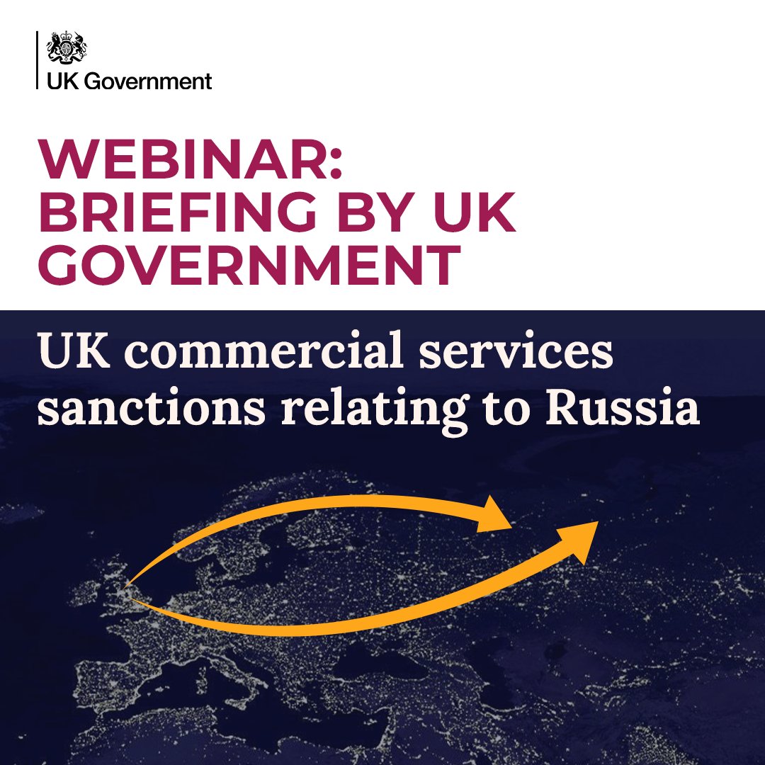 Department for Science, Innovation and Technology (@scitechgovuk) on Twitter photo WEBINAR – 7 Feb:
Helping UK businesses understand changes to sanctions related to commercial services trade with Russia.
Experts from <a href="/BEIS/">Beatriz Manso</a> <a href="/DCMS/">Department for Culture, Media and Sport</a> @tradegovuk & <a href="/FCDOGovUK/">Foreign, Commonwealth & Development Office</a> will explain the guidance & answer questions on 7 Feb at 11am.
Register here:
forms.office.com/pages/response… WEBINAR – 7 Feb:
Helping UK businesses understand changes to sanctions related to commercial services trade with Russia.
Experts from <a href="/BEIS/">Beatriz Manso</a> <a href="/DCMS/">Department for Culture, Media and Sport</a> @tradegovuk & <a href="/FCDOGovUK/">Foreign, Commonwealth & Development Office</a> will explain the guidance & answer questions on 7 Feb at 11am.
Register here:
forms.office.com/pages/response…
