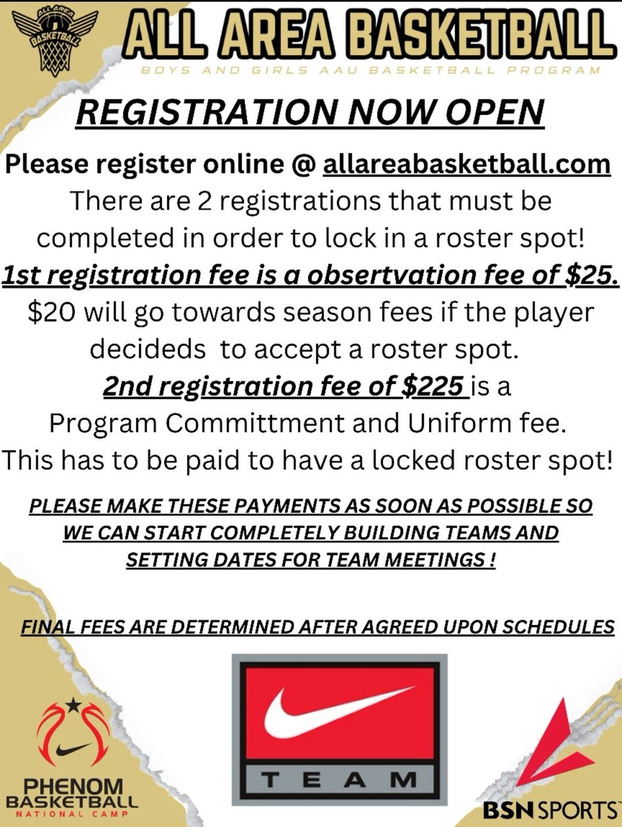 COMING SOON!!!

TRYOUT DATE 1ST OR 2ND WEEKEND IN  FEBRUARY!
1st grade - no longer playing HS Basketball this season!
1st - 11th grade girls! 

Attach Any Film Link On Registration For In Game Observations!