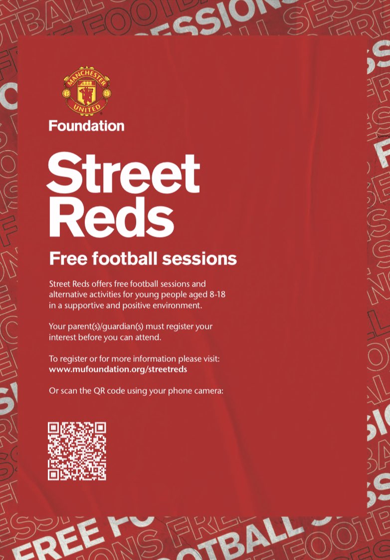 Interested in playing, leading or coaching football? Join @StreetReds_MU every Monday at Philips High School. Register using the details below. 

5-6pm - girls only
5-6pm - ages 8-12
6-7pm - ages 13-18

@woodheype #TeamWoodhey