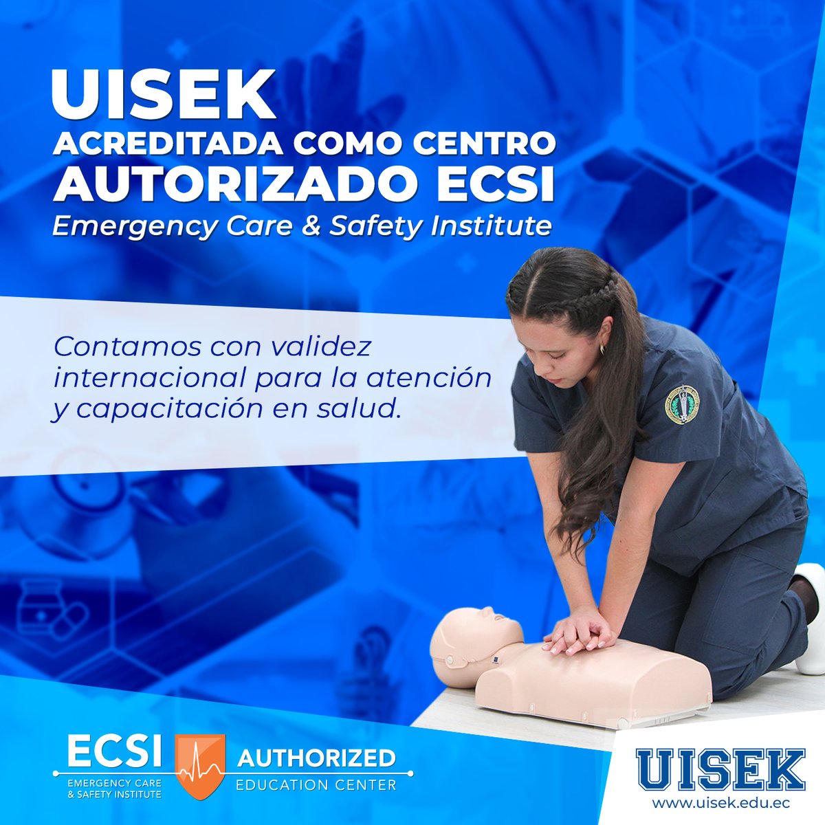 UISEK's tweet photo. El Emergency Care &amp; Safety Institute (ECSI) nos ha reconocido como Centro Autorizado de Capacitación. Gracias a esta acreditación, la UISEK podrá desarrollar más cursos relacionados a la salud como primeros auxilios, entre otros. ⚕

#UISEK #SerMejores 
#ElMejorMomentoDeTuVida https://t.co/k6ksA0R2sn