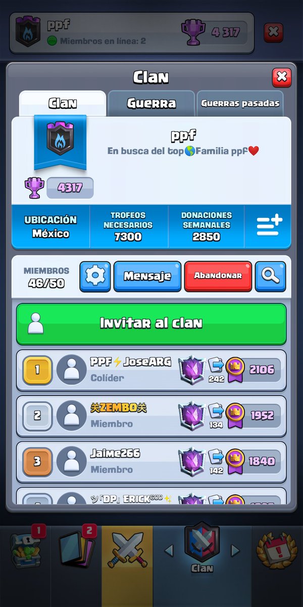 Nos quedan 3 lugares para guerra por si alguien quiere participar el mejor de la semana en guerra se gana pass Royale