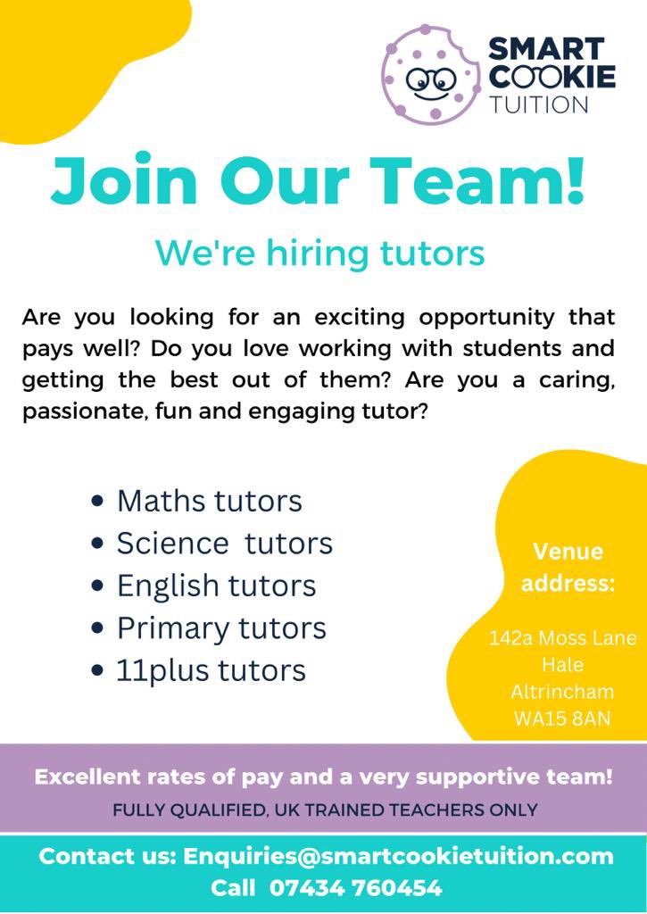 Local Tutors looking for work? Get in touch. Become part of our caring & amazing team.🤩 Excellent rates of pay. Especially in need of a local Maths tutor! Based directly opposite @altrinchamfc #tutor #altrincham #hale #mathstutor #englishtutor #sciencetutor #11plustutor #primary
