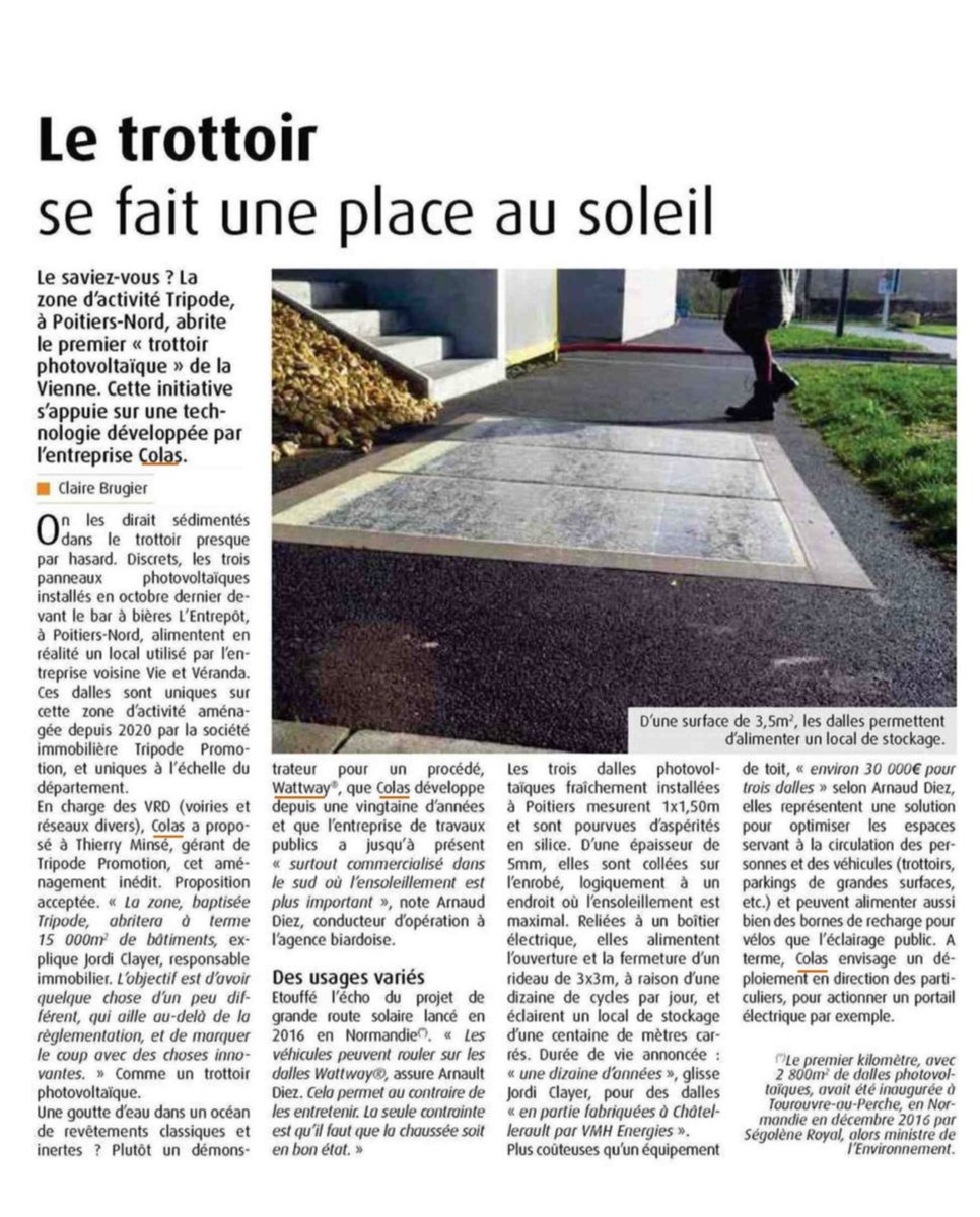 Un trottoir photovoltaïque à Poitiers avec <a href="/WattwaybyColas/">Wattway</a> 
Article à découvrir.