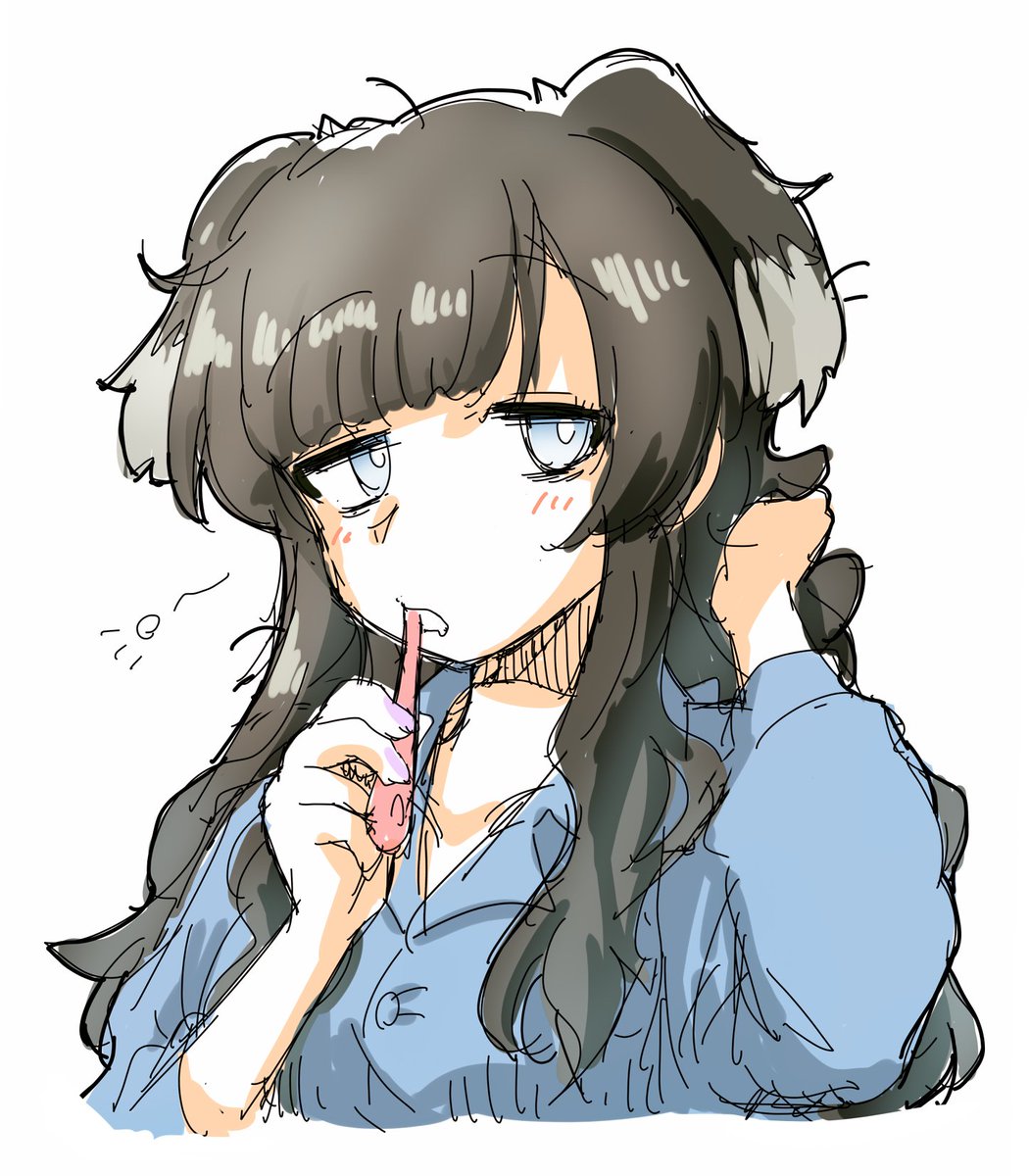 1girl solo brushing teeth black hair blue eyes toothbrush white background  illustration images