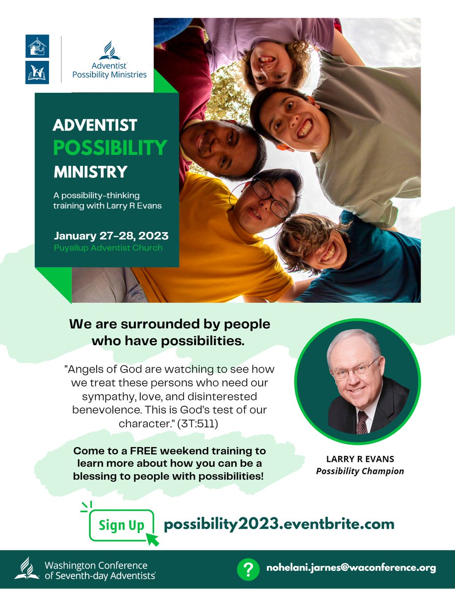 Join @DrLarryEvans for #AdventistPossibilityMinistry  training weekend at Puyallup Adventist Church starts
🗓 Fri 01/27/23 🕓 7 - 9pm
🗓 Sat 01/28/23 🕓 9:30am - 6:30pm
📍 902 Shaw Road E, Puyallup, WA 98372-5211

Register eventbrite.com/e/adventist-po…

Hosted by @WashConf Health Min.