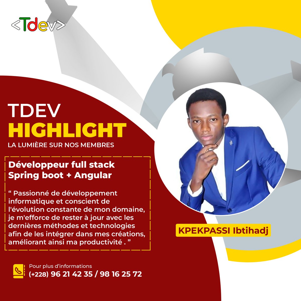 tdevorg's tweet photo. Découvrons Ibtihadj KPEKPASSI, Développeur full stack Spring boot + Angular
C'est un membre actif de la communauté et un grand soutien pour le Google Developer Students Club IAI-TOGO.
#TDev228 #TDevHighlight #TgTwittos #TgTech #çaParleDev #google #angularjs #spring #java https://t.co/z3DuntJF6F