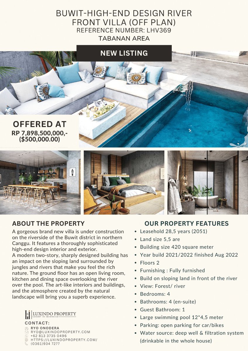 ryo_onoderax's tweet photo. 間もなく完成のこの物件、ハイエンドなモダンデザイン、チャングー方面に行きやすく、リバーフロントのレアなロケーションも、ホリデーレンタルのポテンシャルも高く、お勧めのプライベートヴィラ✨リースホールド28年、500.000ド��、550㎡、インテリア家具付きのデザイナーハウス、Buduk地区🏠 https://t.co/tx79ngpRho