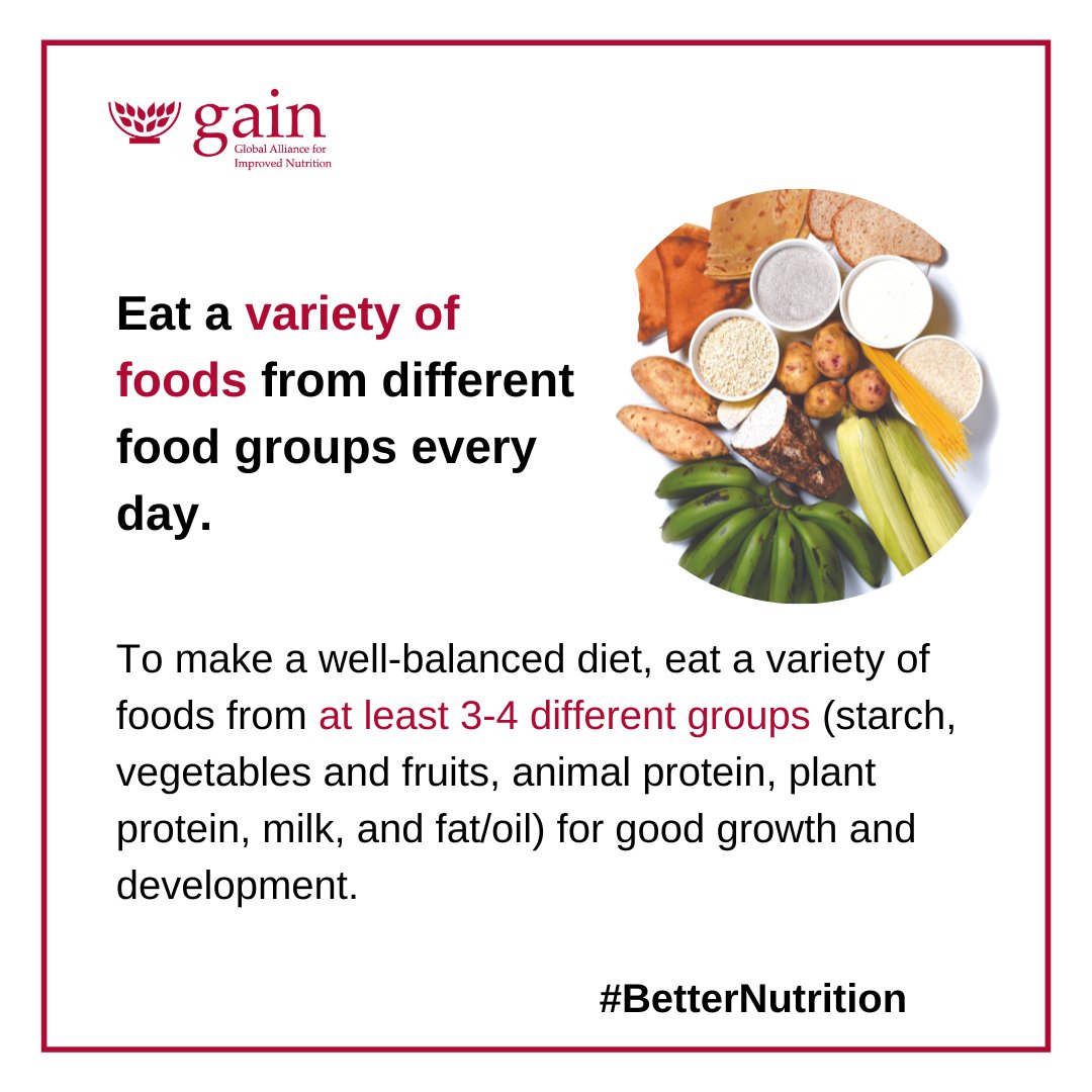 GAINAlliance_KE's tweet photo. To make a well-balanced diet, eat a variety of foods from at least 3-4 different groups (starch, vegetables and fruits, animal protein, plant protein, milk, and fat/oil) for good growth and development. #BetterNutrition #LisheBora https://t.co/zTt9Ik7daS