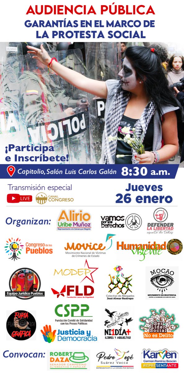 Exigimos celeridad en los procesos penales y administrativos que garanticen la verdad y la reparación judicial efectiva de las víctimas de agresiones dentro de la protesta social #ProtestaSocialConGarantias
<a href="/TembloresONG/">Temblores ONG 🐘</a> <a href="/DefenderLiberta/">Campaña Defender la Libertad</a> <a href="/CIDH/">CIDH - IACHR</a> @CSPP_ <a href="/corjusticia/">Corporación Justicia y Democracia</a>  @MinsionONUCol