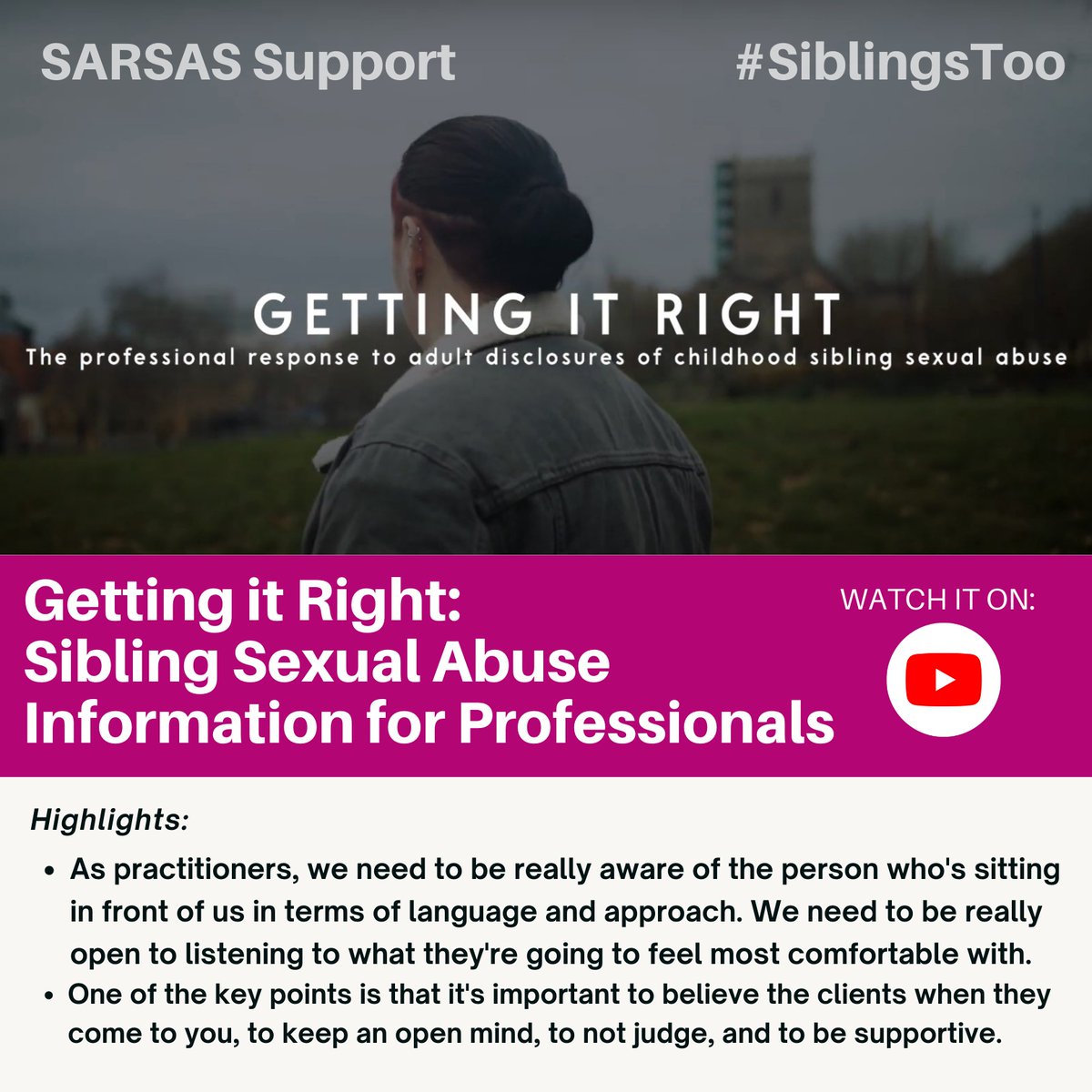 The disclosure process can be overwhelming, as it often involves vulnerability &amp; stress for everyone involved. 

It is important for professionals to recognize these dynamics &amp; provide support to those involved. 

Watch it here: bit.ly/sarsas2

#SiblingsToo #SSA