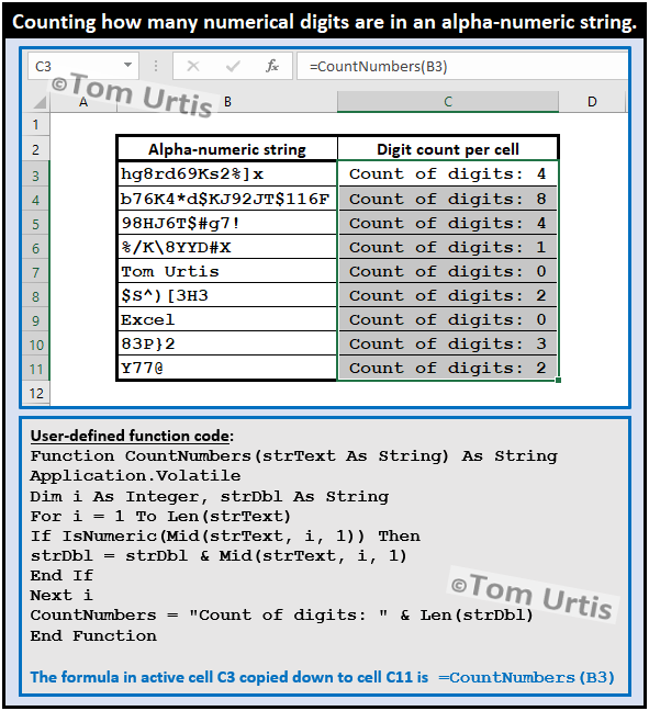 TomUrtis's tweet image. Counting how many numerical digits are in an alpha-numeric string. #TomsTips4Excel