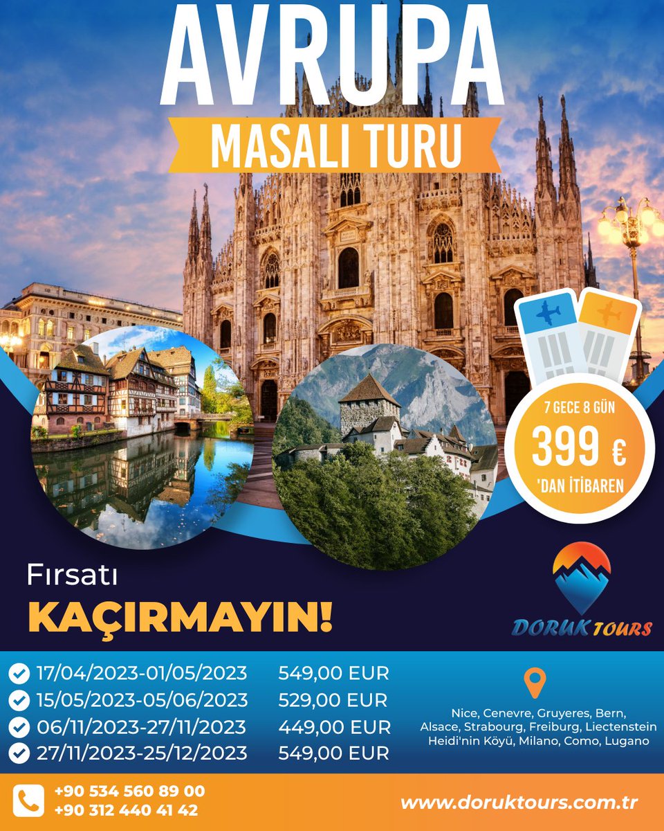 Fransa, İsviçre, Fransa ve İtalya’nın pastoral bir tablonun içindeymiş hissi uyandıran manzaraları ile tanışmaya, 7 gece 8 gün bir Avrupa masalı yaşamaya ne dersiniz? 

Detaylı bilgi ve fırsatlar için:
📞 0 312 440 41 42
🌐 doruktours.com.tr

#fransa #italya