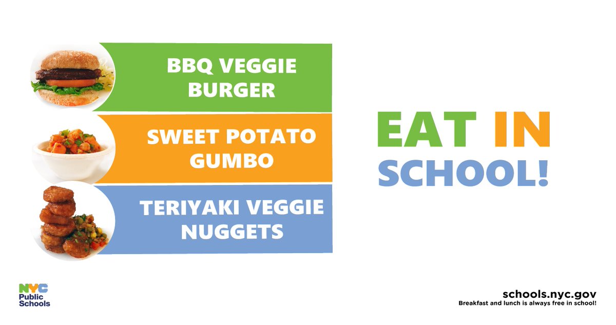 See what’s ahead for @NYCschools meals this semester: schools.nyc.gov/menus. Brand new menu items including BBQ Veggie Burgers, Teriyaki Veggie Nuggets, and Sweet Potato Gumbo will be served to students citywide!